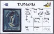 TASMANIA 1855 SG18 4d blue, wmk.LS imperf