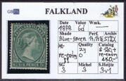 FALKLAND 1878-1879 SG3 6d blue-green (SH3v1) WX (re-entry)