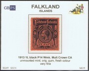 FALKLAND 1912-1920 SG69 1L black (SH34) WMCCA