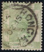 HONG KONG 1882 SG 39 30c yellowish green wmk.CA P14PRODÁNO