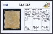 MALTA 1863 SG 16 0,5d yellow buff wmk.CC perf.14x12,5 UN