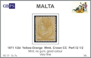 MALTA 1871 SG 15 0,5d yellow-orange wmk. crown CC perf.12,5 UN