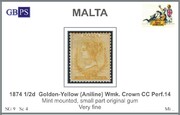 MALTA 1874 SG 9 0,5d golden-yellow (anil) wmk. crown CC perf.14