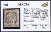 MALTA 1903 SG 43 4d brown'black brown wmk.CA perf.14 (SPECIMEN)