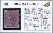 SIERRA LEONE 1872 SG3 6d redish violet WX P12,5 (B31) PRODÁNO